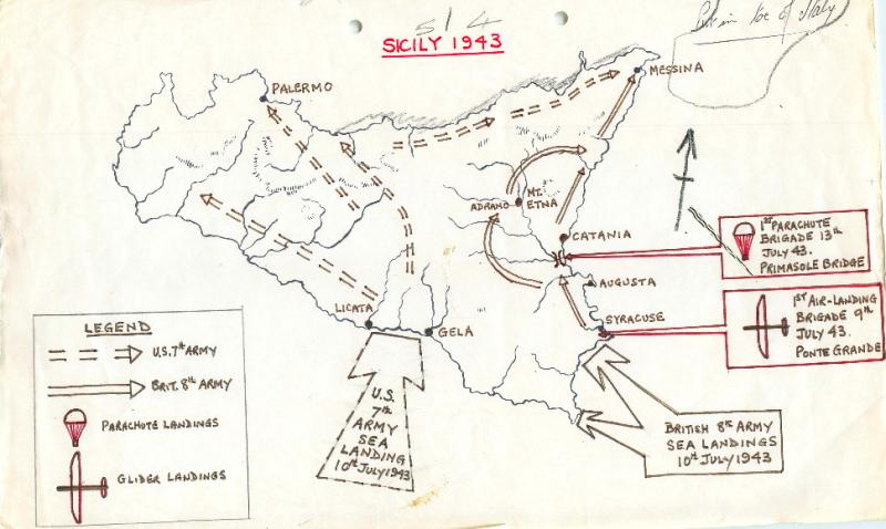 Map showing parachute and glider landings in Sicily, 1943.