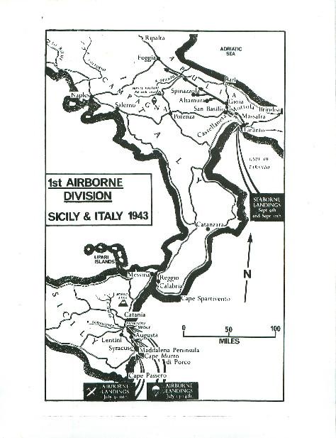 Map showing 1st Airborne Division in Sicily and Italy, 1943.
