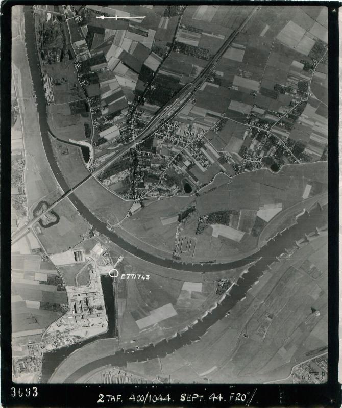 Aerial photo showing Velp railway bridge on teh east side of Arnhem.