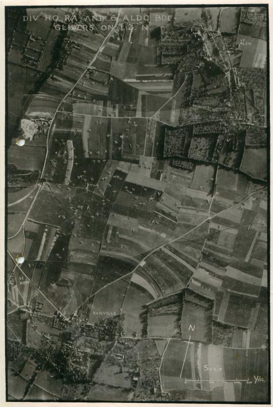 Aerial photo showing gliders on landing zone N.
