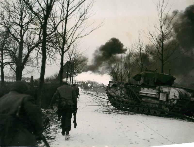 British troops move north from Echt and a crocodile flame-thrower in action.