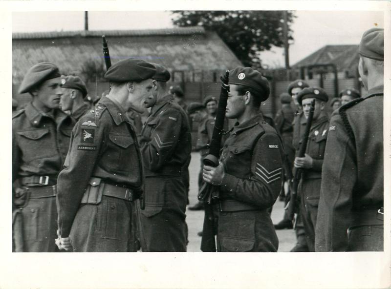 Brigadier Hill inspects the Norwegian Parachute Company at Bulford Camp, Salisbury Plain.
