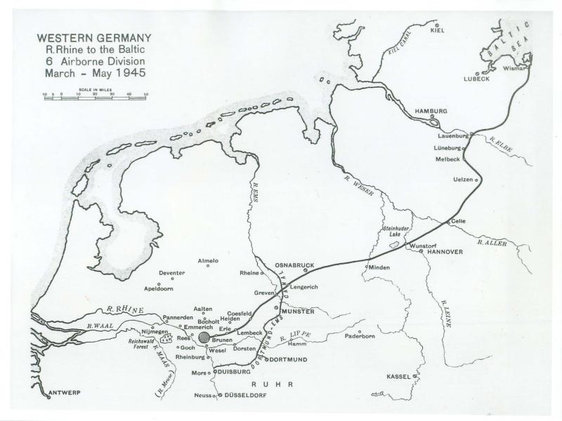 Map showing 6th Airborne Divisions route from the Rhine to the Baltic.