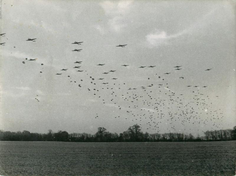 Large scale Rhine reheasal. Dakotas fly over drop zone dropping troops and supplies.