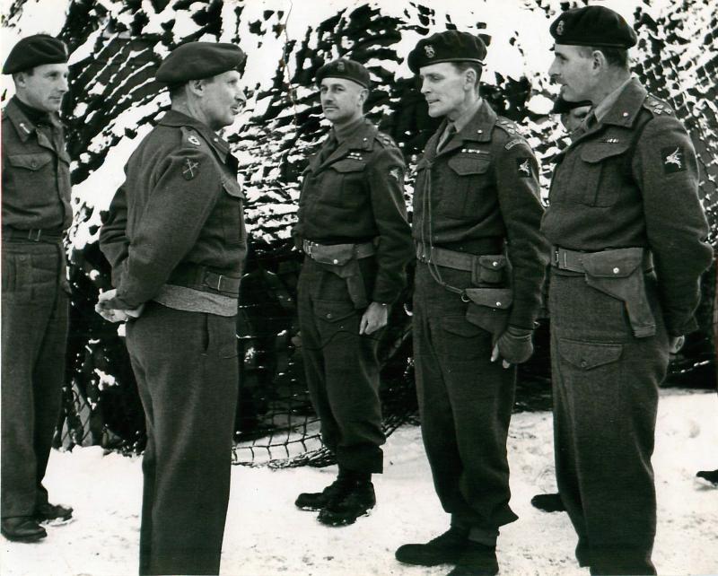 Montgomery talks to Maj-Gen Bols, Brig Flavell, Brig Hill and Brig Poett. January 1945.