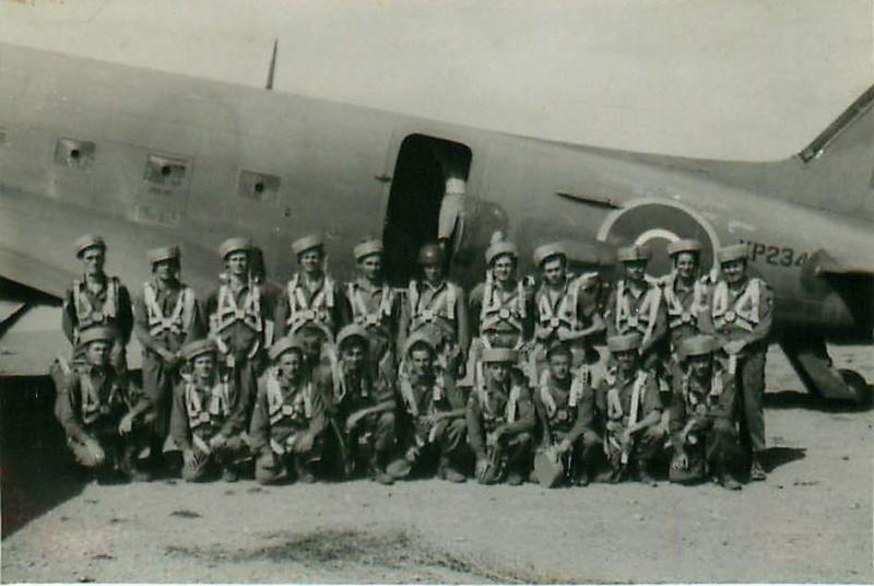 No 1 Stick, A Company, 15th Battalion in front of a C-47, c. 1946.