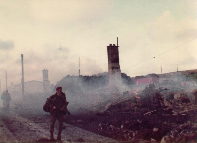British Paras enter the still burning Port Stanley.