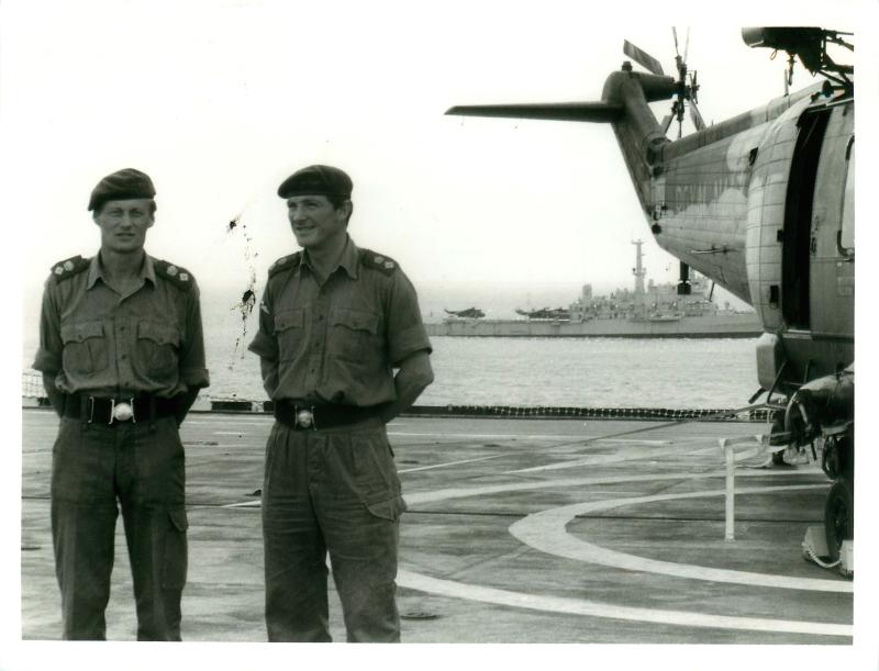 Lt-Col H Jones (right) and Lt-Col Hew Pike on flight deck of HMS Hermes.