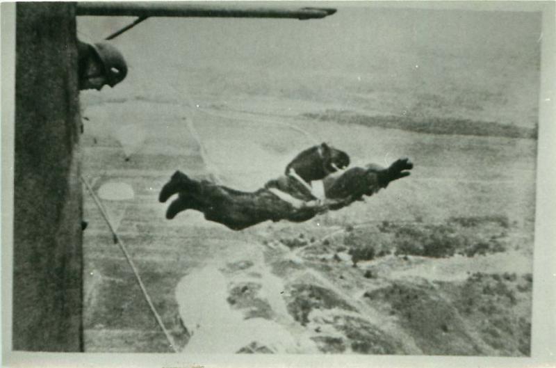 German paratrooper on exit from the aircraft.