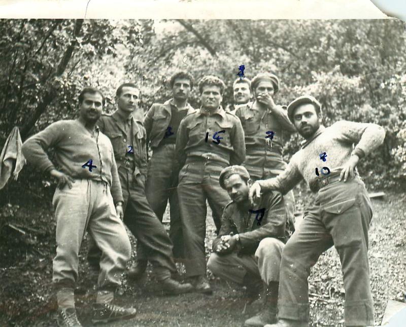 Eight members of EOKA pose for the camera in a wooded area