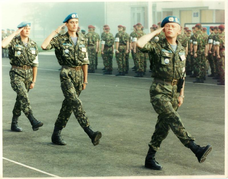 Men of Russian Airborne Forces salute while on parade.