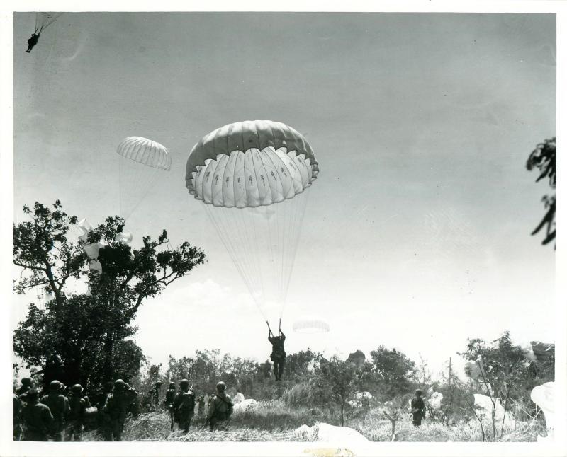 American paratroopers land on Corregidor during the invasion of the island, February 1945.