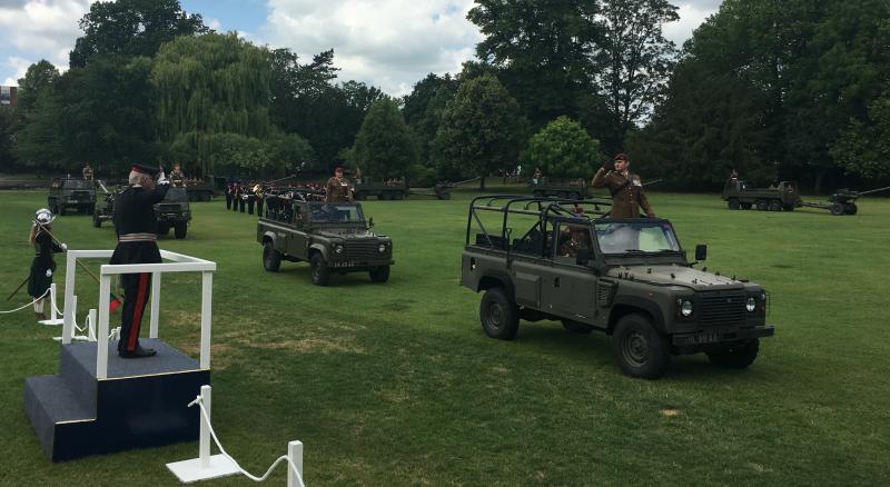 Lord Petre, the Lord Lieutenant of Essex, takes the salute from F (Sphinx) Parachute Battery, 7th Parachute Regiment Royal Horse Artillery as they drive out of Castle Park.