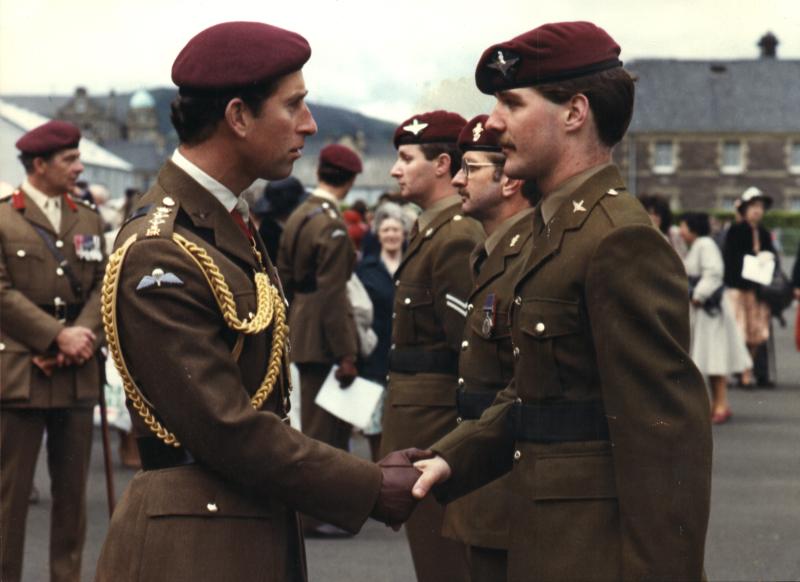 Pte Stuart Mathewson meets HRH Prince of Wales at Redford Barracks, Edinburgh, 1982