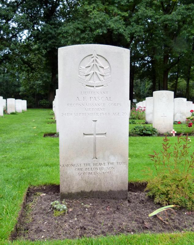 OS Headstone of Lt A F Pascal, Oosterbeek War Cemetery, October 2015.