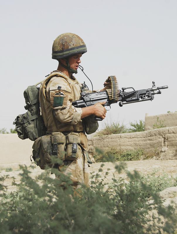 3 PARA soldier on patrol with a Light Machine Gun, Musa Quelah, Afghanistan, 2008