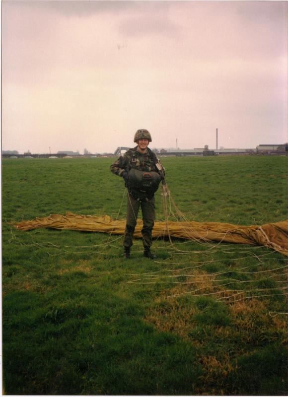 Paul Hennersey, of A Coy, 4 PARA, after a jump at Aintree Racecourse, 1980s