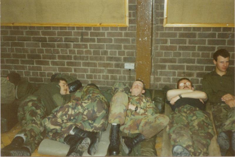 Men of A Coy, 4 PARA taking forced rest before a jump in 'Grace Road', Liverpool, 1980s