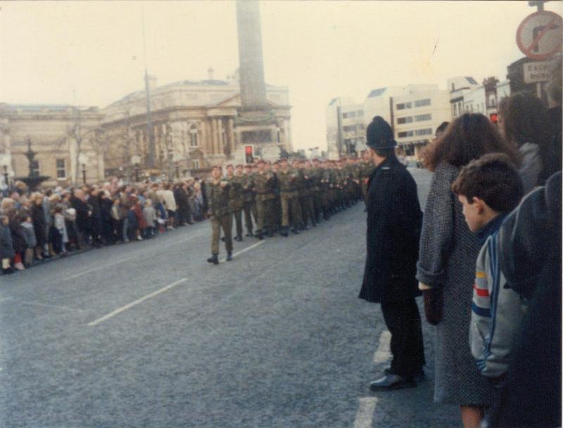 A Company, 4 PARA, march past on Remembrance Sunday, Liverpool City Centre, 1980s