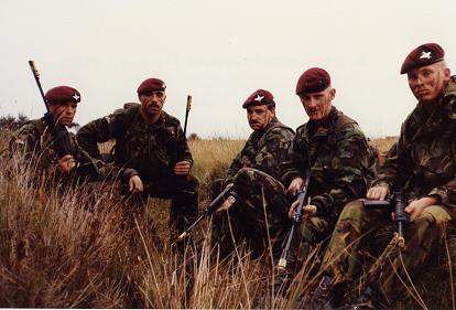 Men of B Coy, 15 PARA whilst on Exercise Cockfeather, at Barry Buddon, 1989