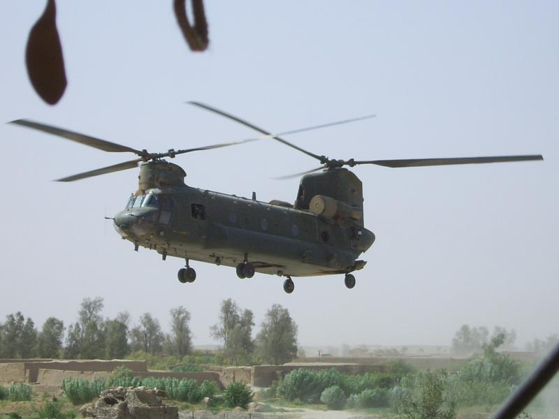 A Chinook comes in to land on an air resupply mission to FOB Gibraltar, Afghanistan, 2008