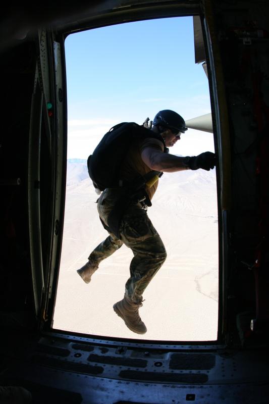 Pathfinder performing a 'frog' exit from the side door of a C130