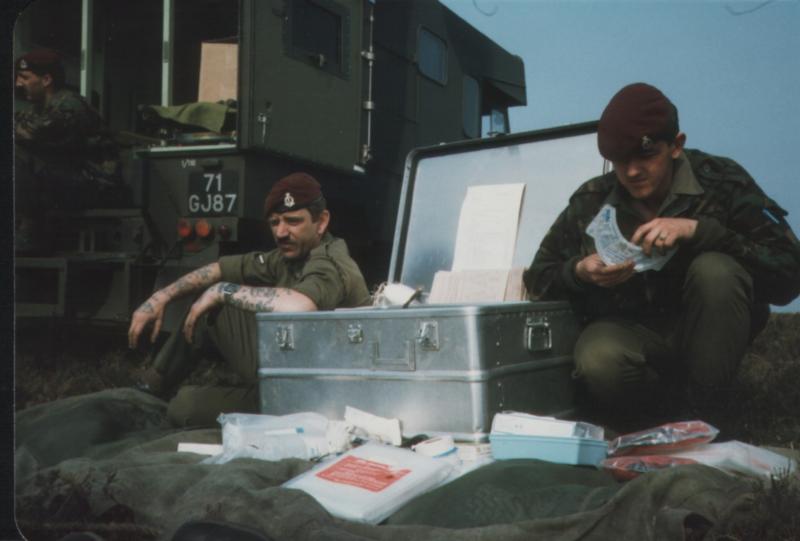 Cpl Joblin and Pte Lockren replenish medical supplies at the Isle of Man Dolby DZ April 1984