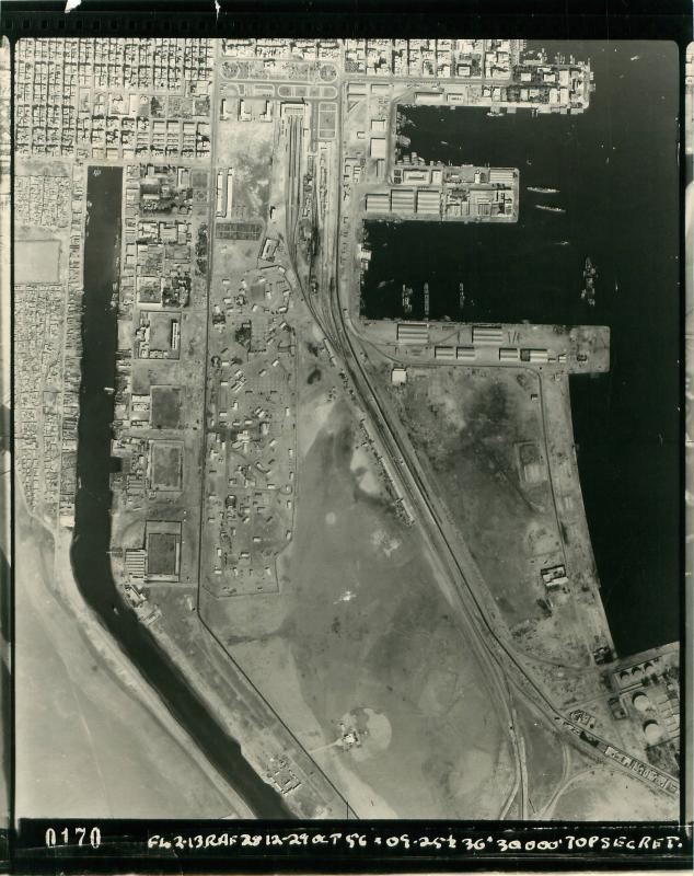Aeriel shot of Port Said showing part of the Suez Canal and El Gamil Airfield.