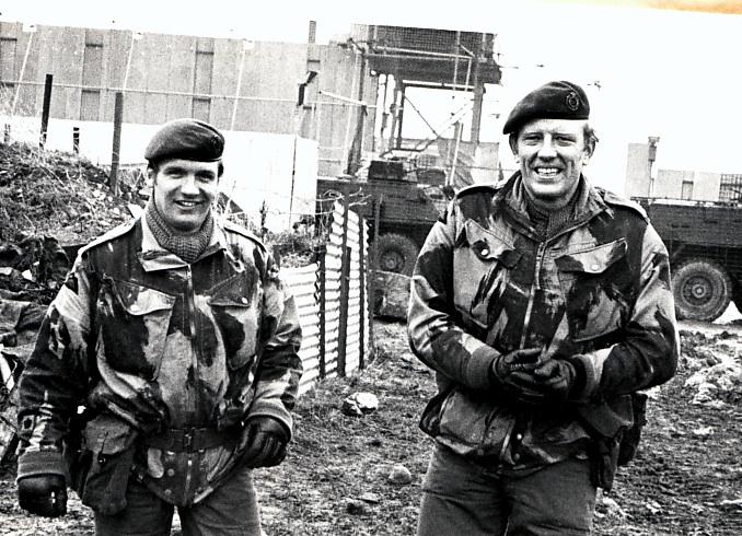 Major Gerry Taggart (right) with SSM AM Roberts during his command of 9 Squadron, at Crossmaglen, 1976 