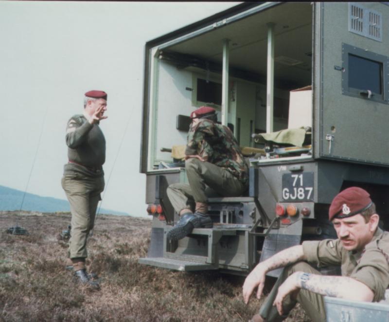 S/Sgt Williams Sgt Davies and Cpl Joblin after a succesful drop by 4 Para, Isle of Man, April 1984. 