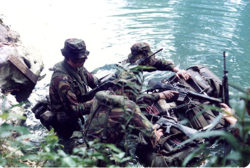 Soldiers of A Coy, 2 PARA preparing to cross a river on exercise, Belize, 1983