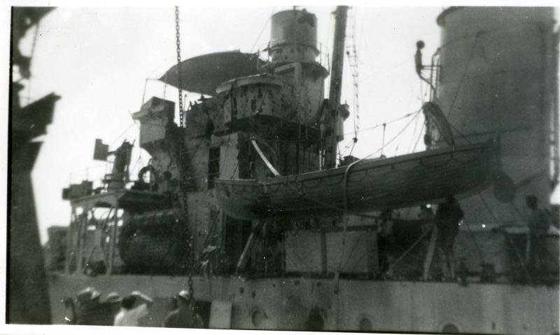 Shell and small arms damage clearly evident on the HMIS Hindustan after the incident, February 1946