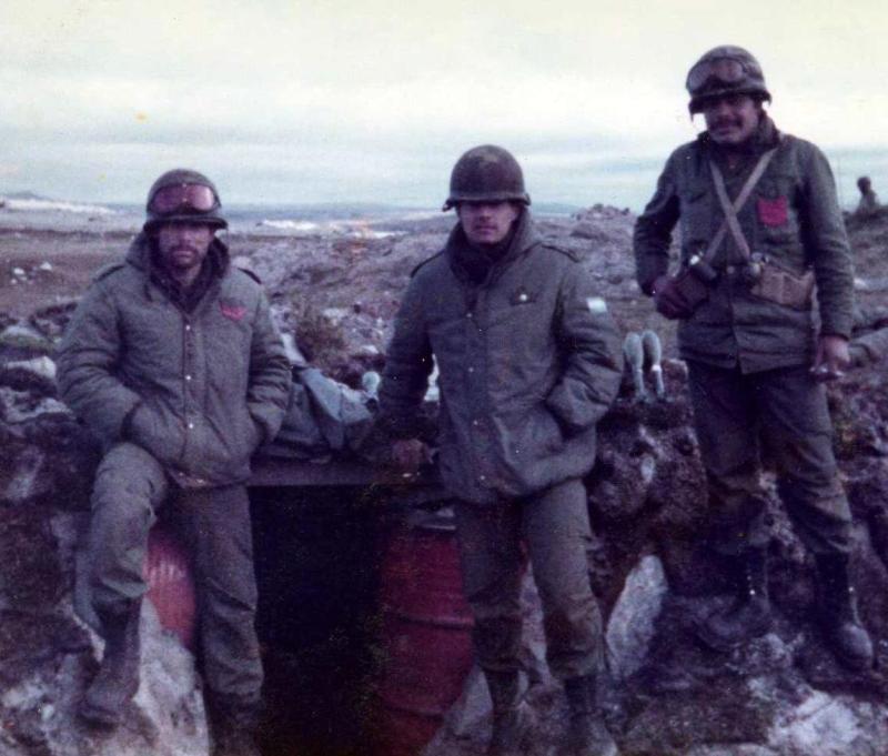 AA Argentine soldiers by their sanga, Airfield Peninsular Falklands 1982