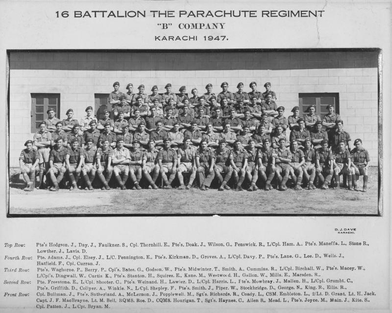 Group photograph of B Coy 16th Battalion, Karachi, 1947. black and white
