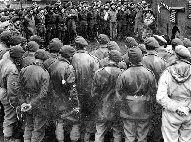 5th Parachute Brigade listen to Field Marshal Montgomery at HQ near Osnabruck, 1945.