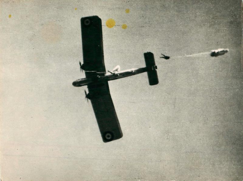 John Waddy jumping from a Vickers Valencia aircraft. Delhi, 5 Dec 1941. His parachute has not yet opened.