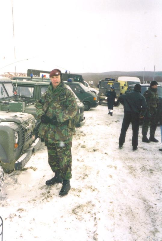Jason Connolly in the snow on the multi national task near Klina, Kosovo
