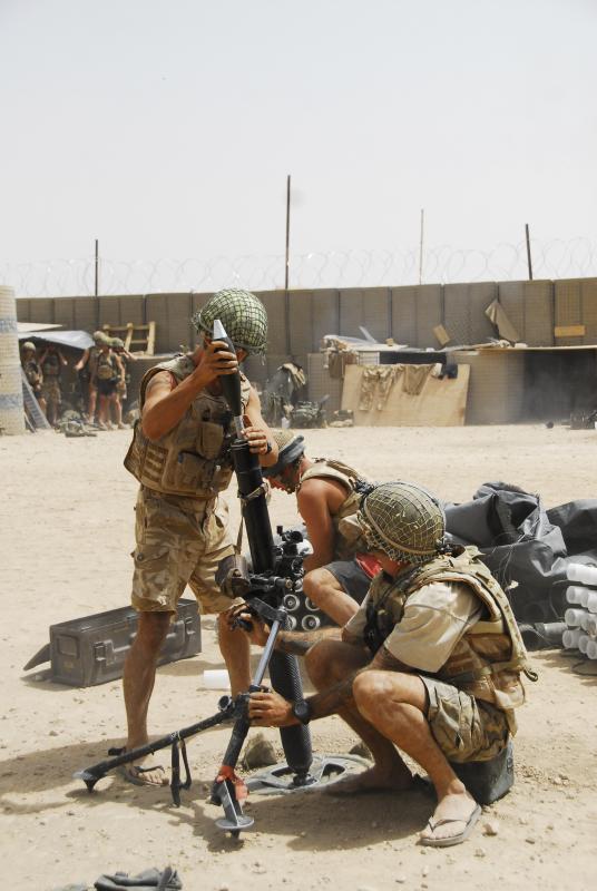 3 PARA mortar team loading 81mm mortar, Musa Quelah, Afghanistan, August 2008