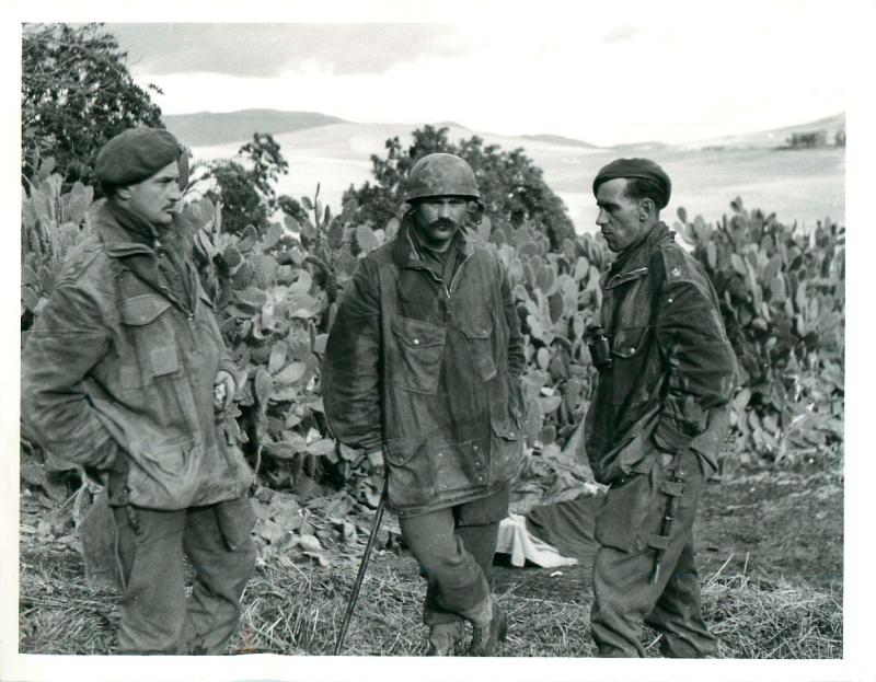 Three officers of 1st and 2nd Parachute Battalion stand in the Beja area of Tunisia.  