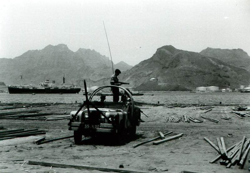 Paratroopers in Land Rover overlooking oil refinery, Aden, c.1967