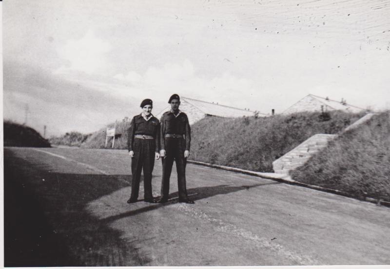 Piddlehinton Camp 1946,(L to R) Sgt Jack Town and Sgt Ned Sparks taken on road by NCO's School Office, Sgt's mess in background