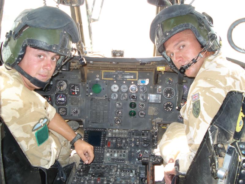 Pte Smith and LCpl Muller swapping patrolling for piloting a Chinook for the day, Camp Bastion 2006