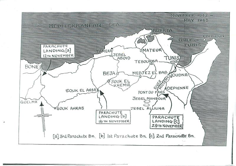 Map of North Africa showing landing zones of 1st, 2nd and 3rd Parachute Battalions.
