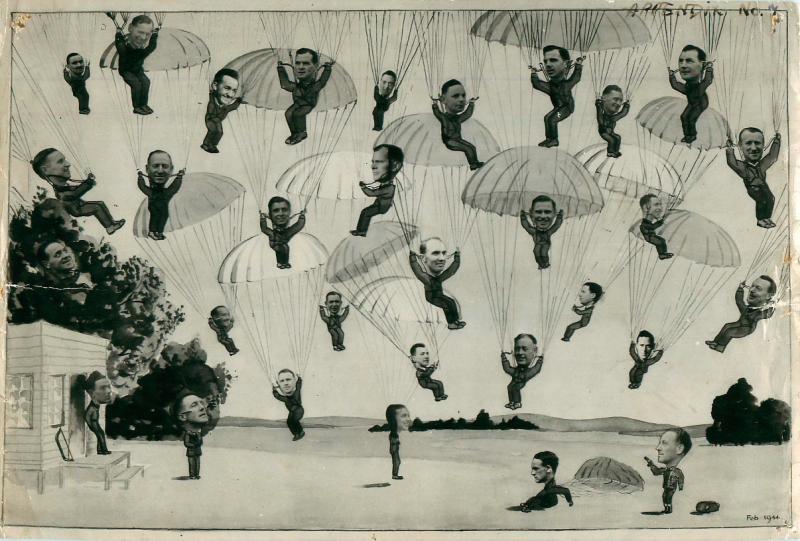 Cartoon of parachuting instructors and staff at  Ringway, February 1944.